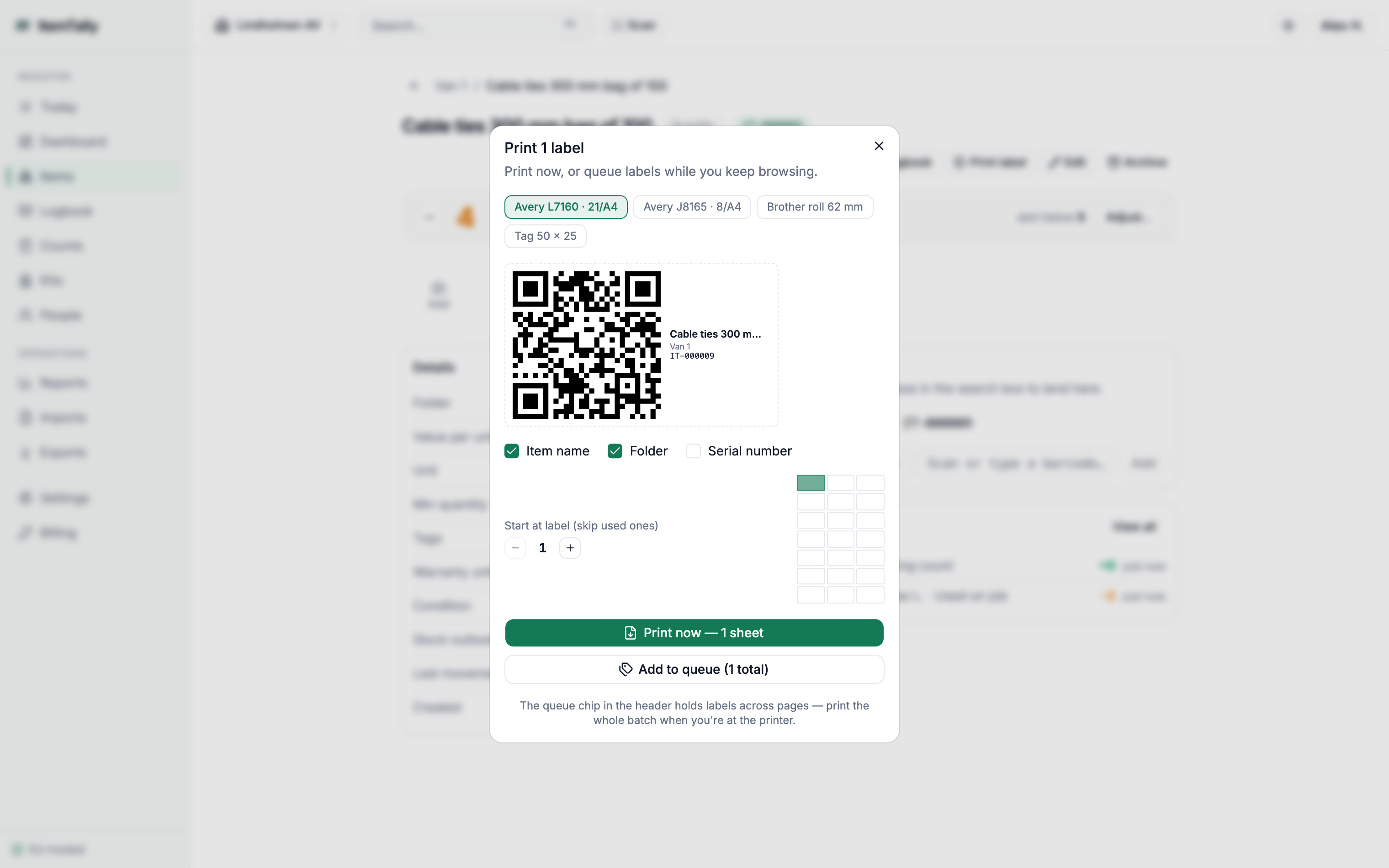 Printing a label in ItemTally - a live QR preview, Avery sheets or Brother rolls, and which cell on the sheet to start at.