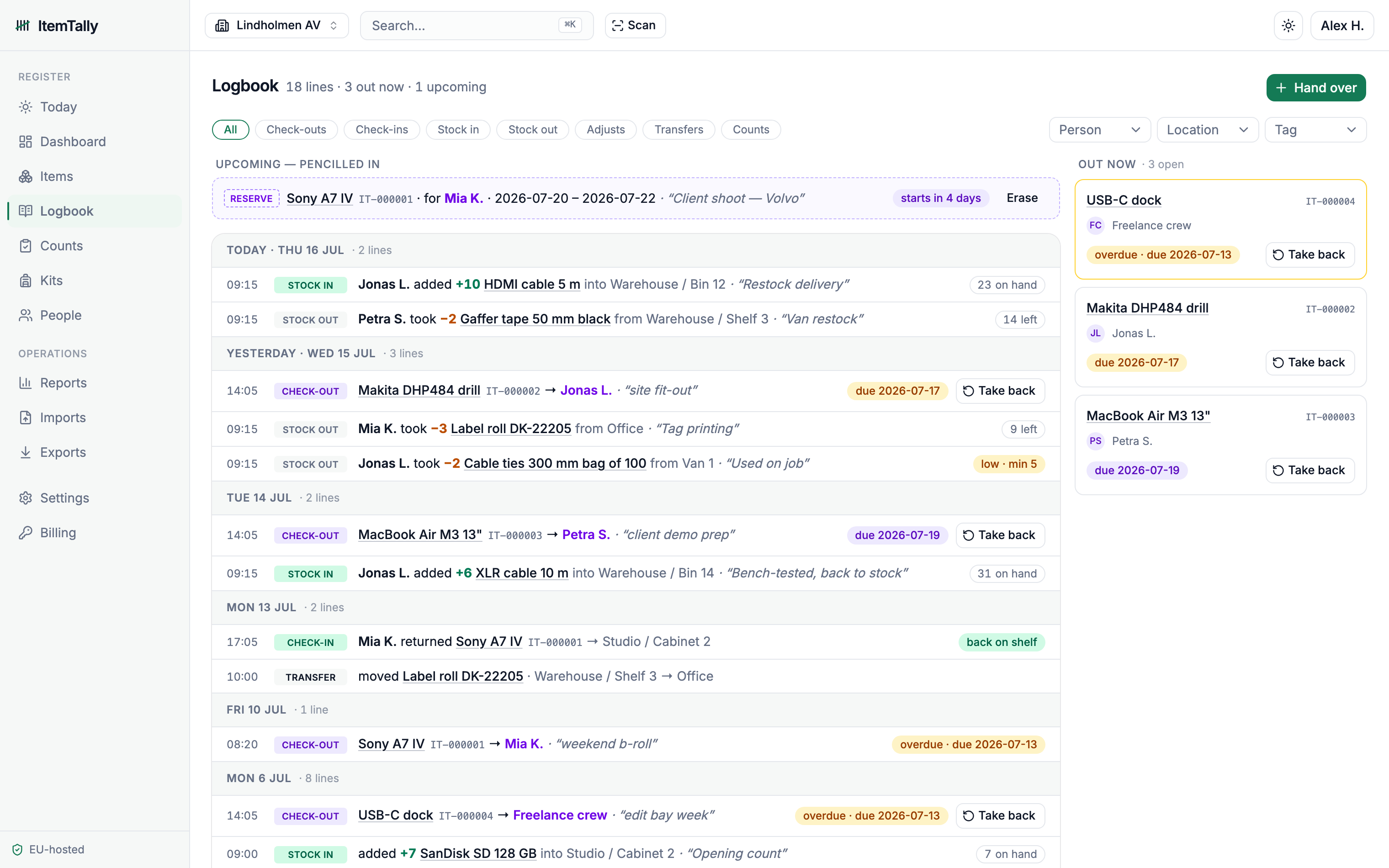 The Logbook: a dated feed of stock movements, check-outs and returns